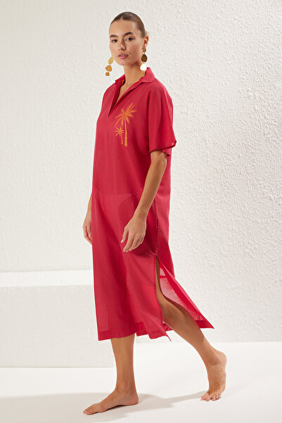 Trendyol Collection Φούξια Maxi Woven 100% βαμβακερό κέντημα φόρεμα παραλίας TBESS25EL00026