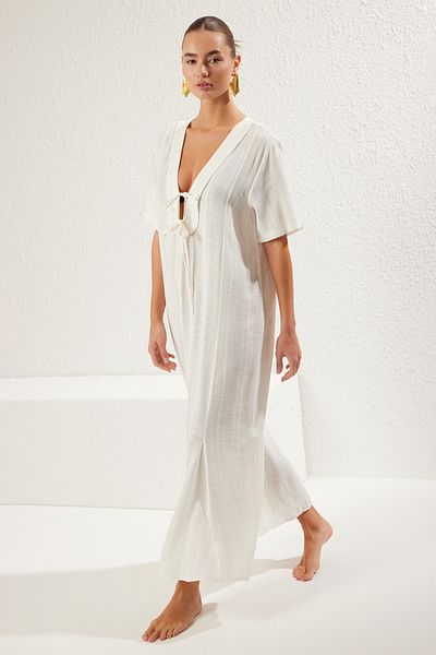 Trendyol Collection Ecru*001 Maxi Straight Relaxed Stripe Dress – 50 % Viskose, 50 % Nylon