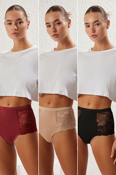 Trendyol Collection 3er-Pack schwarze und farbenfrohe Hipster-Slips – Spitzendetail THMSS25KU00023
