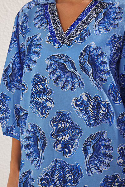 Trendyol Collection Underwater Patterned Wide Fit Midi Woven 100% Cotton Beach Dress TBESS22EL0009