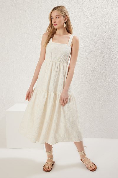 Trendyol Collection White Straight A-Line Midi Brode Woven Dress Twoss25El00325