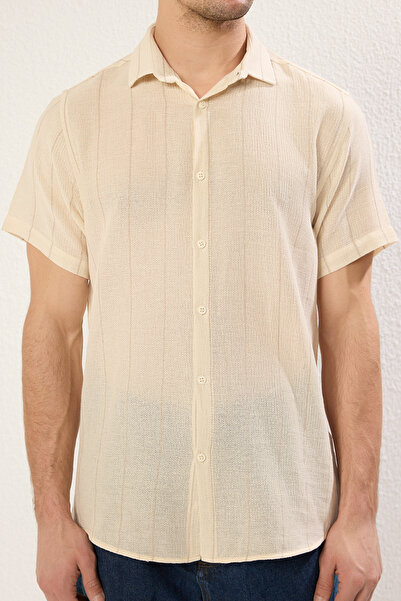 Trendyol Collection Καλοκαιρινό πουκάμισο Premium Beige Regular Fit με ριγέ υφή TMNSS23GO00063