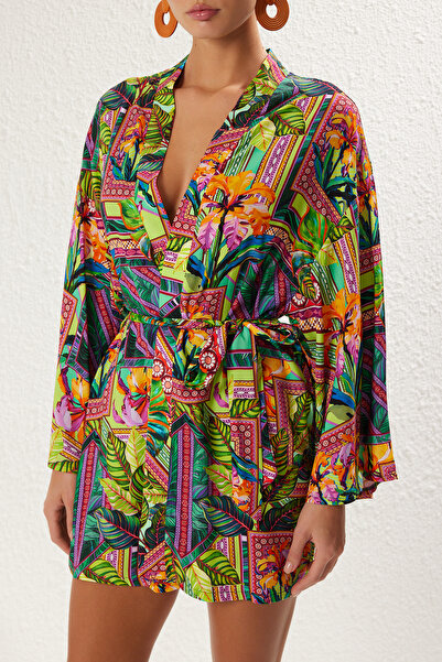 Trendyol Collection Multicolor Print Short Woven 100% Wool/Viscose Kimono&Kaftan