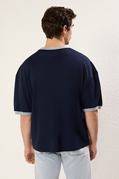 Trendyol Collection Soft Texture Navy Blue Interlocking T-Shirt - Square Cut Boxy Fit Tmnss25Ts00078