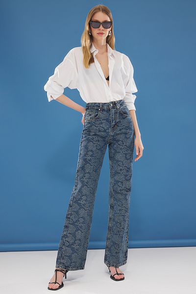 Trendyol Collection Blugi jacquard cu talie înaltă cu picioare largi TWOSS25JE00199
