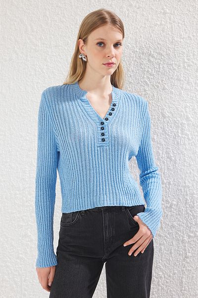 Trendyol Collection Pulover de tricotaj albastru cu decolteu în V TWOSS25KZ00001