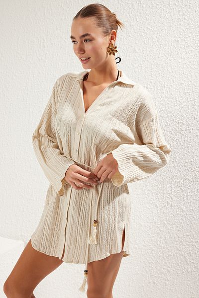 Trendyol Collection Šaty Ecru*St Plain Regular Mini 50% bavlna, 50% polyester
