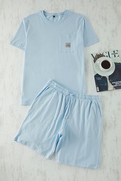 Trendyol Collection Set pijamale tricotate cu ajustare normală albastră - pantaloni scurți cu etichete, TMNSS25PT00018