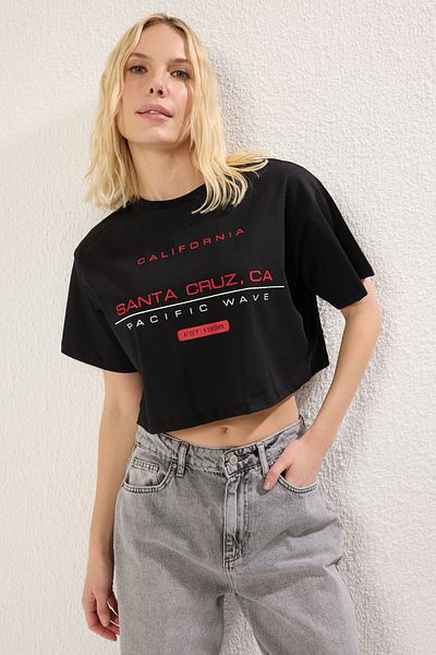 Trendyol Collection Tricou negru din bumbac cu imprimeu înalt - Potrivire confortabilă TWOSS25TS00079