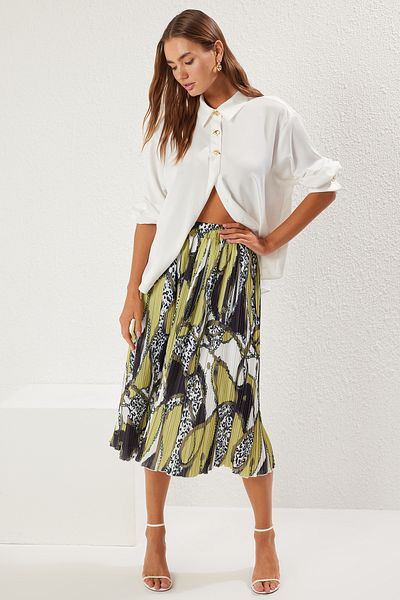 Trendyol Collection Green Print a Line/Bell Cut Pleated Midi Skirt Twoss25Et00059