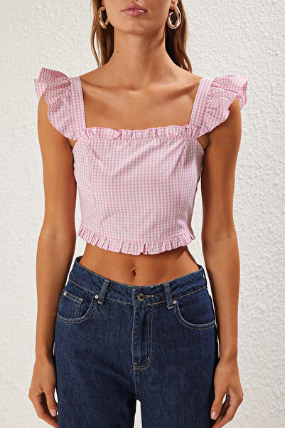 Trendyol Collection Pink Gipeli Gingham Print Crop Μπλούζα - Λεπτομέρεια βολάν, TWOSS25BZ00314