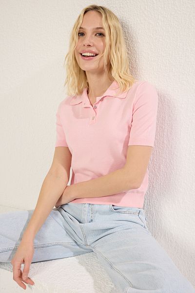Trendyol Collection Rosa Premium-Garn/Spezialgarn-Strickbluse mit Polokragen TWOSS25BZ00184