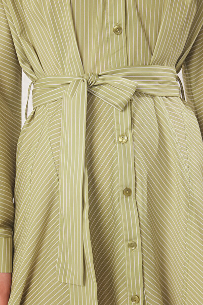 Trendyol Collection Oil Green Striped Belted Short / Mini Woven Dress Twoaw25El00154
