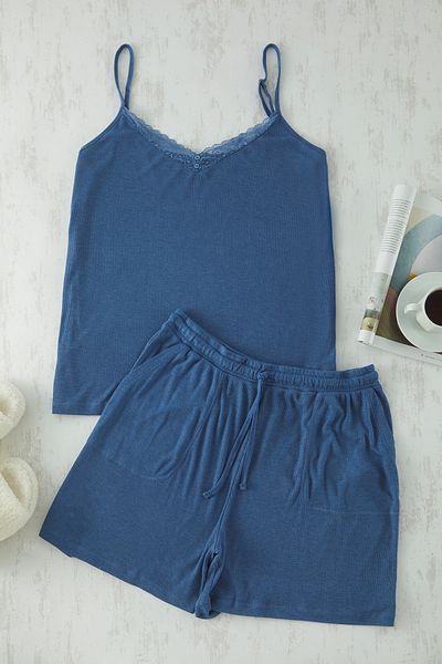 Trendyol Curve Indigo Lace Detail Pajamas Set - Lace-Up Camisole Tbbss25Ai00037