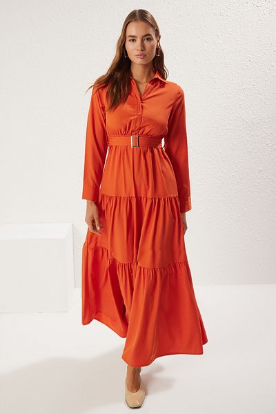 Trendyol Modest Tile Belt a Line/Bell Cut Maxi Knitted Dress Tctss25El00002