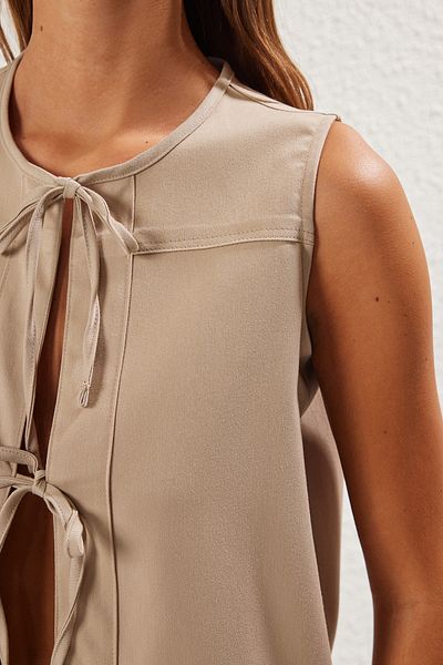 Trendyol Collection Beige Crew Neck Lacing Detail Woven Vest Twoss25Ye00030