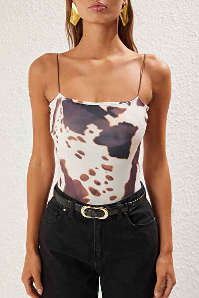 Trendyol Collection Brown Animal Pattern Spaghetti Strap Stretchy Bottom Snap Knitted Bodysuit Twoss21Bd0067