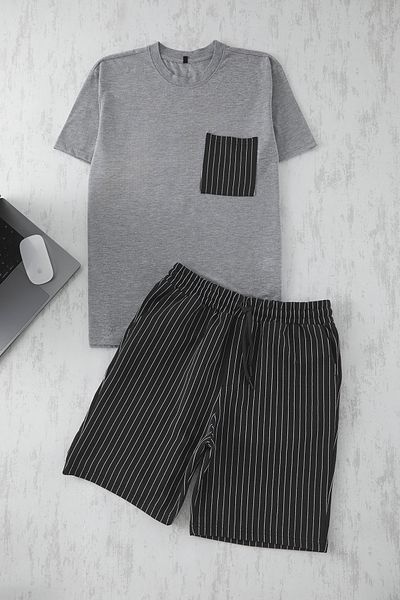 Trendyol Collection Grimelange – Schwarzes, reguläres, gestreiftes Strick-Shorts-Pyjama-Set TMNSS25PT00036