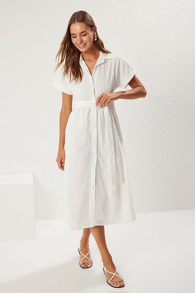 Trendyol Collection White a Line/Bell Cut Midi Woven Dress with Belt Twoss25El00335