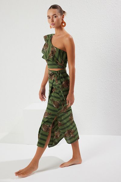Trendyol Collection One Shoulder Leopard Print Cotton Blouse and Skirt Beach Set - Tbess24Au00009