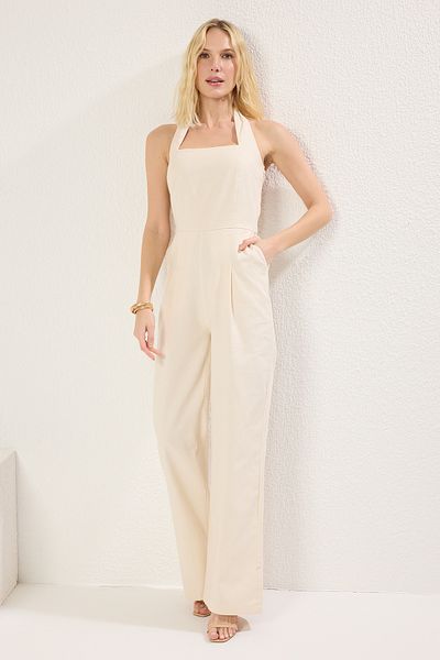 Trendyol Collection Stone Neckholder-Jumpsuit mit weitem Bein und langem Webmuster TWOSS25TU00008
