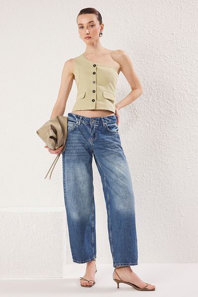 Trendyol Collection Blugi largi cu bară cu talie normală albastru TWOSS25JE00190
