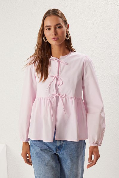 Trendyol Modest Relaxed/Comfortable Fit Woven Blouse with Pink Lacing Detail Tctss25Bz00000