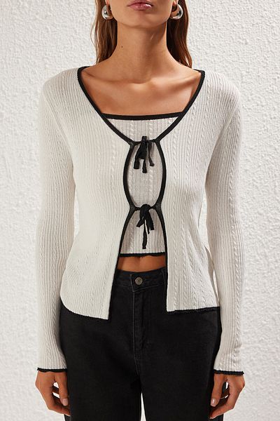 Trendyol Collection Ecru Knitwear Cardigan - Ribbon, Twoss25Hi00000