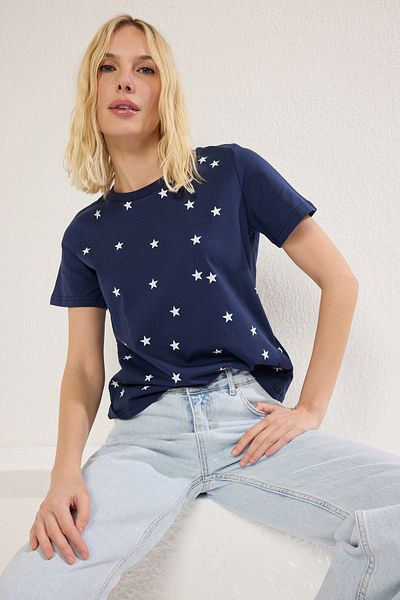 Trendyol Collection Csillagmintás sötétkék kötött póló - legénységi nyakú, normál szabású TWOSS20TS0757