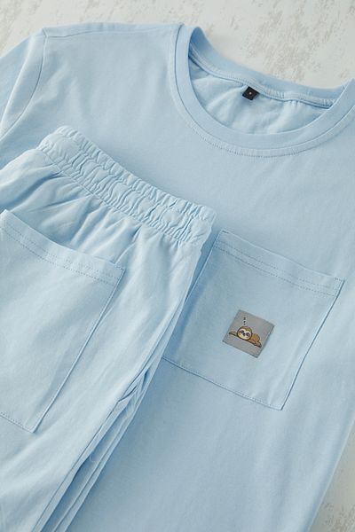 Trendyol Collection Set pijamale tricotate cu ajustare normală albastră - pantaloni scurți cu etichete, TMNSS25PT00018