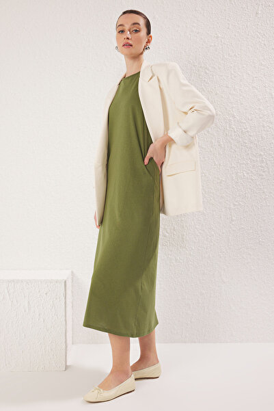 Trendyol Modest Pack of 2 Navy Blue and Khaki 100% Cotton Knitted Dress - Tctaw22Uk0110