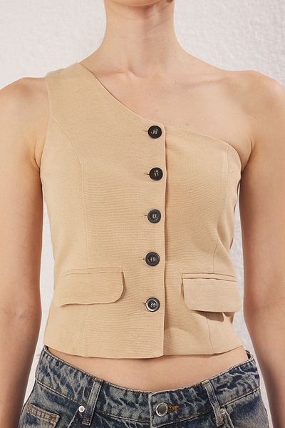 Trendyol Collection Beige Regular Linen Look Single Sleeve Woven Vest Twoss25Ye00086