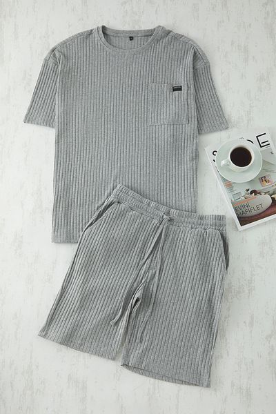 Trendyol Collection Grau Melange Oversize Fit Cord gestrickte Shorts Pyjama Set TMNSS25PT00030