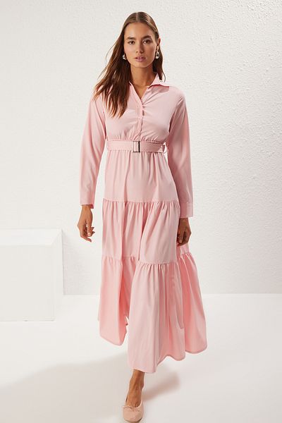 Trendyol Modest Dusty Rose Maxi Knitted Dress - a Line Cutout with Belt - Tctss25El00002