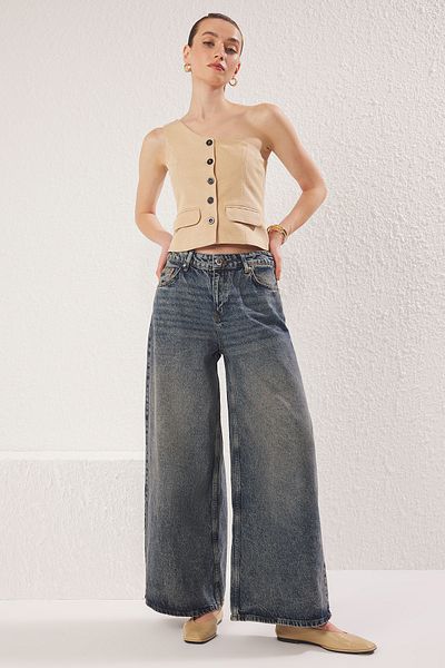 Trendyol Collection Σκούρο μπλε χλωμό εφέ Χαμηλή μέση φαρδύ τζιν TWOSS25JE00193