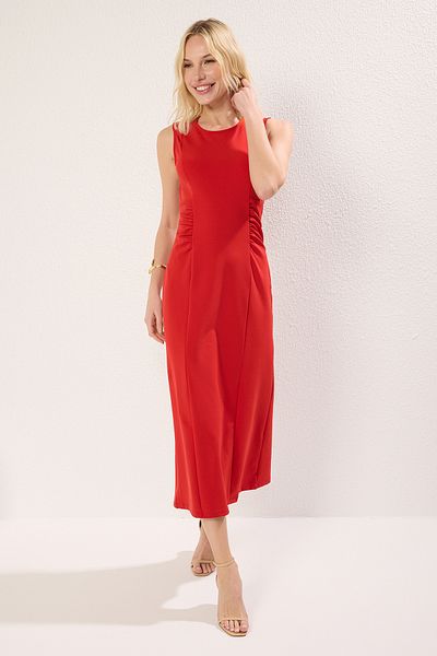 Trendyol Collection Red Drawstring/Drape Detail Moon Sleeve Midi Knitted Dress Twoss25El00229