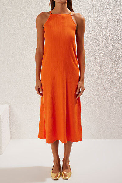 Trendyol Collection Orange Midi Halter Neck Bodycone/Body Fitting Knitted Dress Twoss25El00160