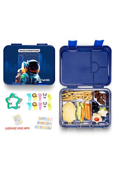 Eazy Kids مجموعة صندوق غداء بينتو قابل للتحويل بسعة 6 و4 قطع مع قاطعة ساندويتش - سبيس المملكة العربية السعودية باللون الأزرق