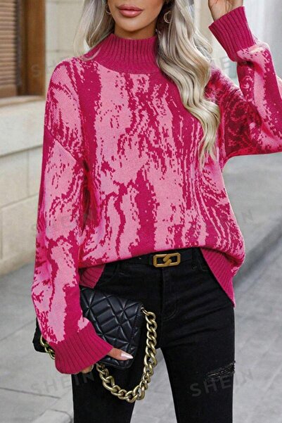 Mossta Pink Turtleneck Print Long Sleeve Knitwear Blouse