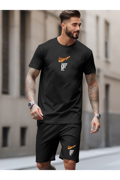 DEEPSENCE Men's Black 2-Piece Suit T-Shirt Shorts Combed Fabric Justate Print