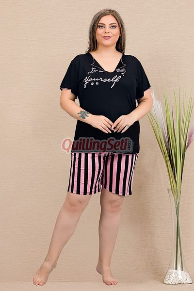 quilling Black Color and Striped 10427 Plus Size Pajamas Set with Shorts