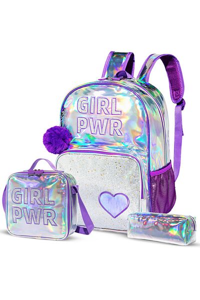Eazy Kids - حقيبة مدرسية مقاس 18 بوصة وحقيبة غداء وحقيبة أقلام مجموعة من 3 قطع Girl Power - أرجواني