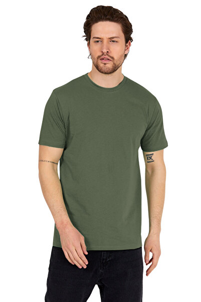 DK DAKSEL Men's Khaki Stone Navy Blue Gray Color Basic Cut Crew Neck 100% Cotton 4-Piece T-Shirts Pack