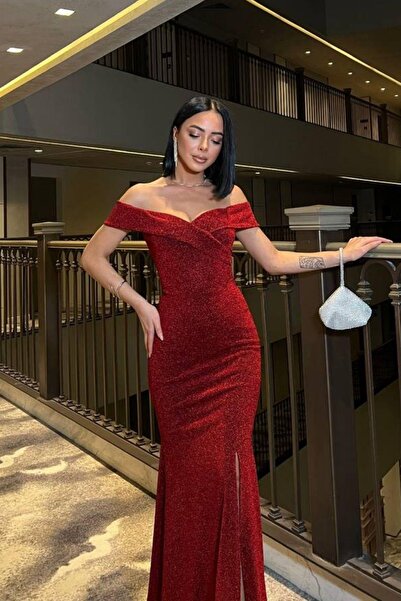 Mossta Burgundy Glitter Madonna Neckline Long Slit Evening Dress