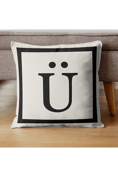 PerdeYap1980 43X43 cm Cream-Black Letter Throw Pillow Cover - Letter U Gift Decorative Pillow Cover