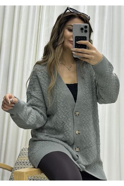 Daves Basic V-Neck Self-Patterned Long Sleeve Women's Knitwear Cardigan-Khaki