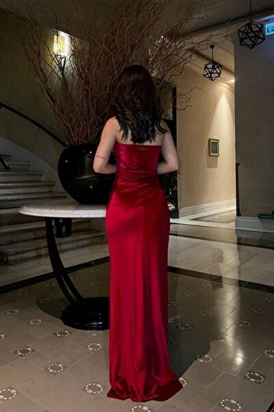 Mossta Βραδινό φόρεμα με στράπλες σχισμή βελούδινο μπορντό