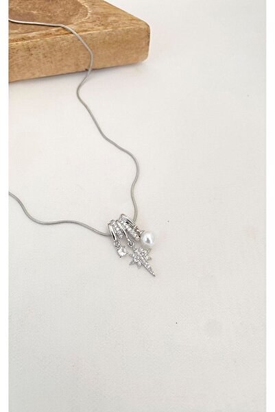 Sacha Accessories Silver Steel Necklace with North Star and Pearl