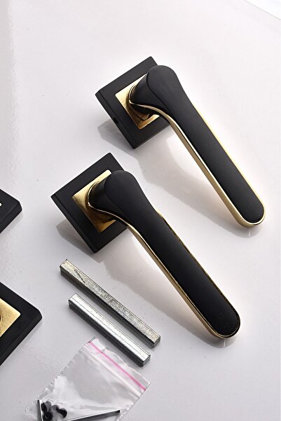 ararsanburada Kare Rozetli Siyah-gold Oda Kapı Kolu 1 Takım (ÖN VE ARKA)