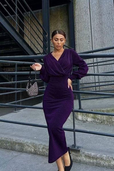 Mossta Purple Silvery Long Sleeve Double Breasted Midi Dress